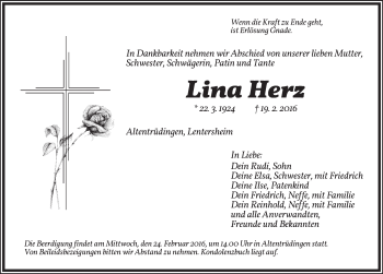 Traueranzeige von Lina Herz von Dinkelsbühl/ Feuchtwangen