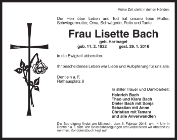 Traueranzeige von Lisette Bach von Dinkelsbühl/ Feuchtwangen