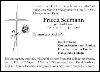 Traueranzeige von Frieda Seemann von Neustadt/ Scheinfeld/ Uffenheim