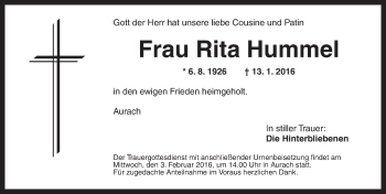 Traueranzeige von Rita Hummel von Ansbach
