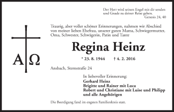 Traueranzeige von Regina Heinz von Ansbach