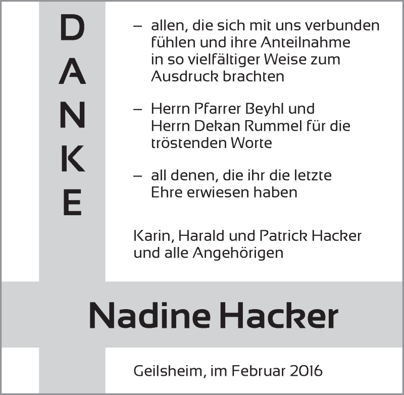 Traueranzeige für Nadine Hacker vom 20.02.2016 aus Dinkelsbühl/ Feuchtwangen