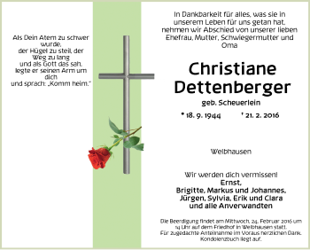 Traueranzeige von Christiane Dettenberger von Neustadt/ Scheinfeld/ Uffenheim