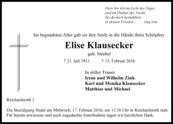Traueranzeige von Elise Klausecker von Rothenburg