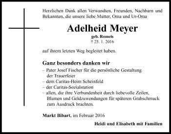 Traueranzeige von Adelheid Meyer von Neustadt/ Scheinfeld/ Uffenheim