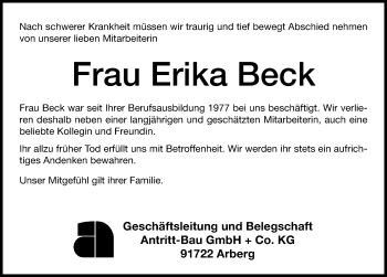 Traueranzeige von Erika Beck von Ansbach