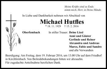 Traueranzeige von Michael Hutfles von Neustadt/ Scheinfeld/ Uffenheim