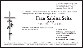 Traueranzeige von Sabina Seitz von Ansbach