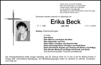 Traueranzeige von Erika Beck von Dinkelsbühl/ Feuchtwangen