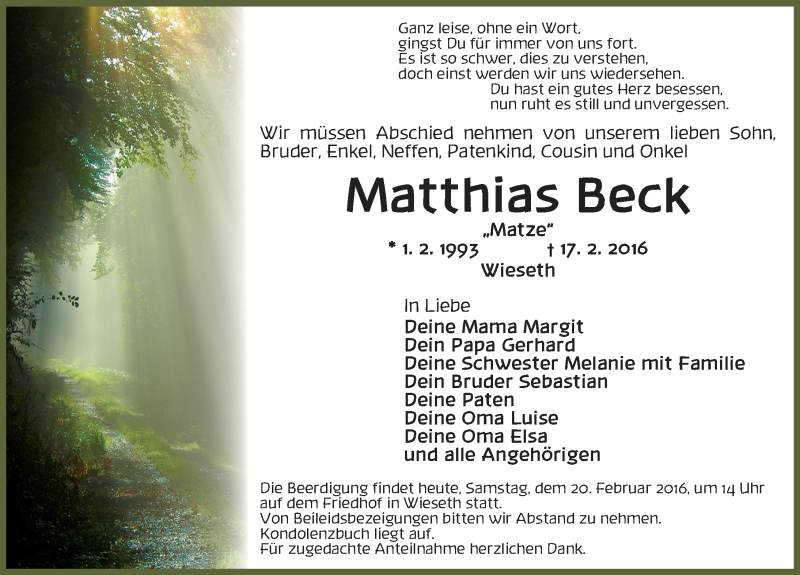  Traueranzeige für Matthias Beck vom 20.02.2016 aus Dinkelsbühl/ Feuchtwangen