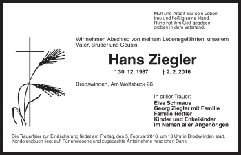 Traueranzeige von Hans Ziegler von Ansbach