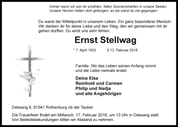 Traueranzeige von Ernst Stellwag von Rothenburg