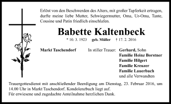 Traueranzeige von Babette Kaltenbeck von Neustadt/ Scheinfeld/ Uffenheim