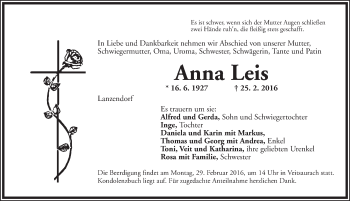 Traueranzeige von Anna Leis von Ansbach