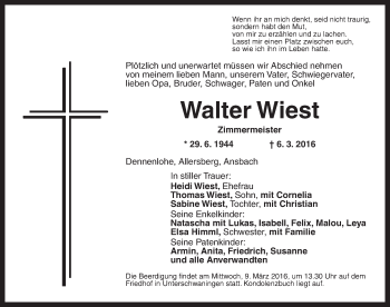 Traueranzeige von Walter Wiest von Dinkelsbühl/ Feuchtwangen