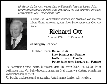 Traueranzeige von Richard Ott von Neustadt/ Scheinfeld/ Uffenheim