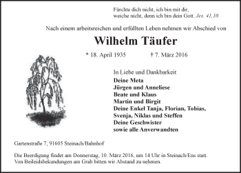 Traueranzeige von Wilhelm Täufer von Neustadt/ Scheinfeld/ Uffenheim