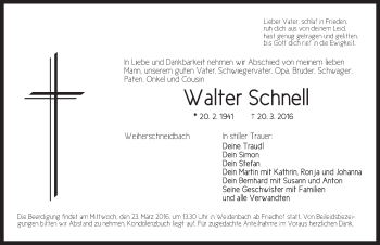 Traueranzeige von Walter Schnell von Ansbach