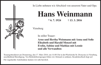 Traueranzeige von Hans Weinmann von Ansbach