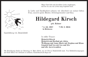 Traueranzeige von Hildegard Kirsch von Dinkelsbühl/ Feuchtwangen