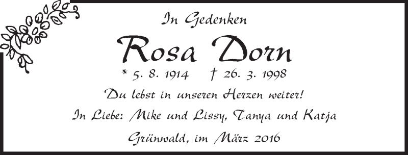  Traueranzeige für Rosa Dorn vom 29.03.2016 aus Ansbach