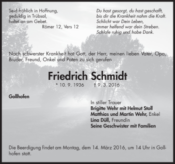 Traueranzeige von Friedrich Schmidt von Neustadt/ Scheinfeld/ Uffenheim