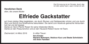 Traueranzeige von Elfriede Gackstatter von Dinkelsbühl/ Feuchtwangen