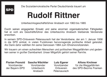 Traueranzeige von Rudolf Rittner von Neustadt/ Scheinfeld/ Uffenheim