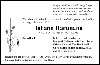 Traueranzeige von Johann Hartmann von Neustadt/ Scheinfeld/ Uffenheim