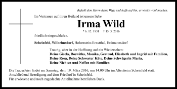 Traueranzeige von Irma Wild von Neustadt/ Scheinfeld/ Uffenheim