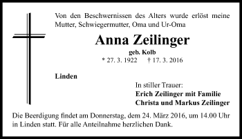 Traueranzeige von Anna Zeilinger von Neustadt/ Scheinfeld/ Uffenheim