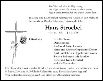 Traueranzeige von Hans Stroebel von Neustadt/ Scheinfeld/ Uffenheim