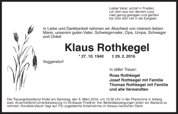 Traueranzeige von Klaus Rothkegel von Ansbach