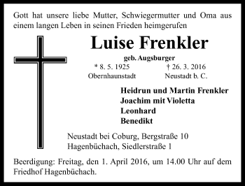 Traueranzeige von Luise Frenkler von Neustadt/ Scheinfeld/ Uffenheim