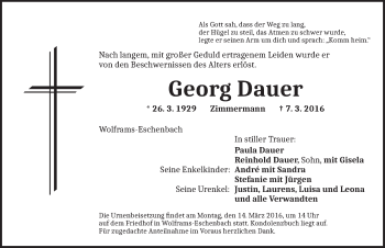 Traueranzeige von Georg Dauer von Ansbach