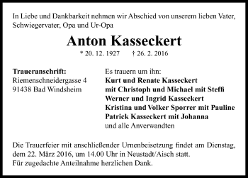 Traueranzeige von Anton Kasseckert von Neustadt/ Scheinfeld/ Uffenheim