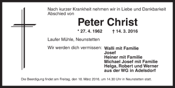 Traueranzeige von Peter Christ von Ansbach