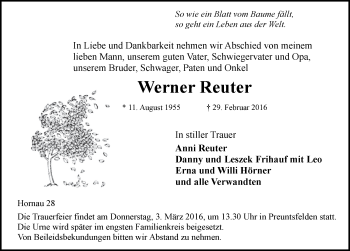 Traueranzeige von Werner Reuter von Neustadt/ Scheinfeld/ Uffenheim