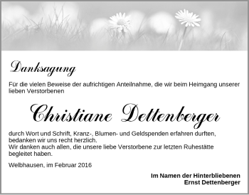 Traueranzeige von Christiane Dettenberger von Neustadt/ Scheinfeld/ Uffenheim