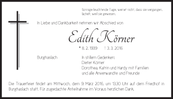 Traueranzeige von Edith Körner von Neustadt/ Scheinfeld/ Uffenheim