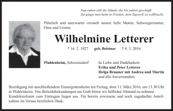 Traueranzeige von Wilhelmine Letterer von Neustadt/ Scheinfeld/ Uffenheim