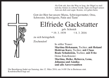 Traueranzeige von Elfriede Gackstatter von Dinkelsbühl/ Feuchtwangen