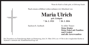 Traueranzeige von Maria Ulrich von Ansbach