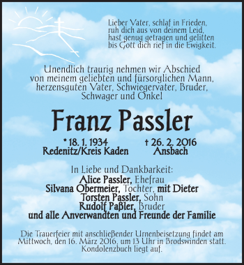 Traueranzeige von Franz Passler von Ansbach