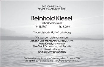 Traueranzeige von Reinhold Kiesel von Ansbach