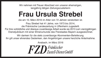 Traueranzeige von Ursula Strebel von Neustadt/ Scheinfeld/ Uffenheim