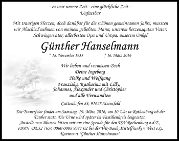 Traueranzeige von Günther Hanselmann von Rothenburg