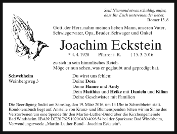 Traueranzeige von Joachim Eckstein von Neustadt/ Scheinfeld/ Uffenheim