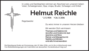 Traueranzeige von Helmut Reichle von Dinkelsbühl/ Feuchtwangen