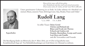 Traueranzeige von Rudolf Lang von Neustadt/ Scheinfeld/ Uffenheim